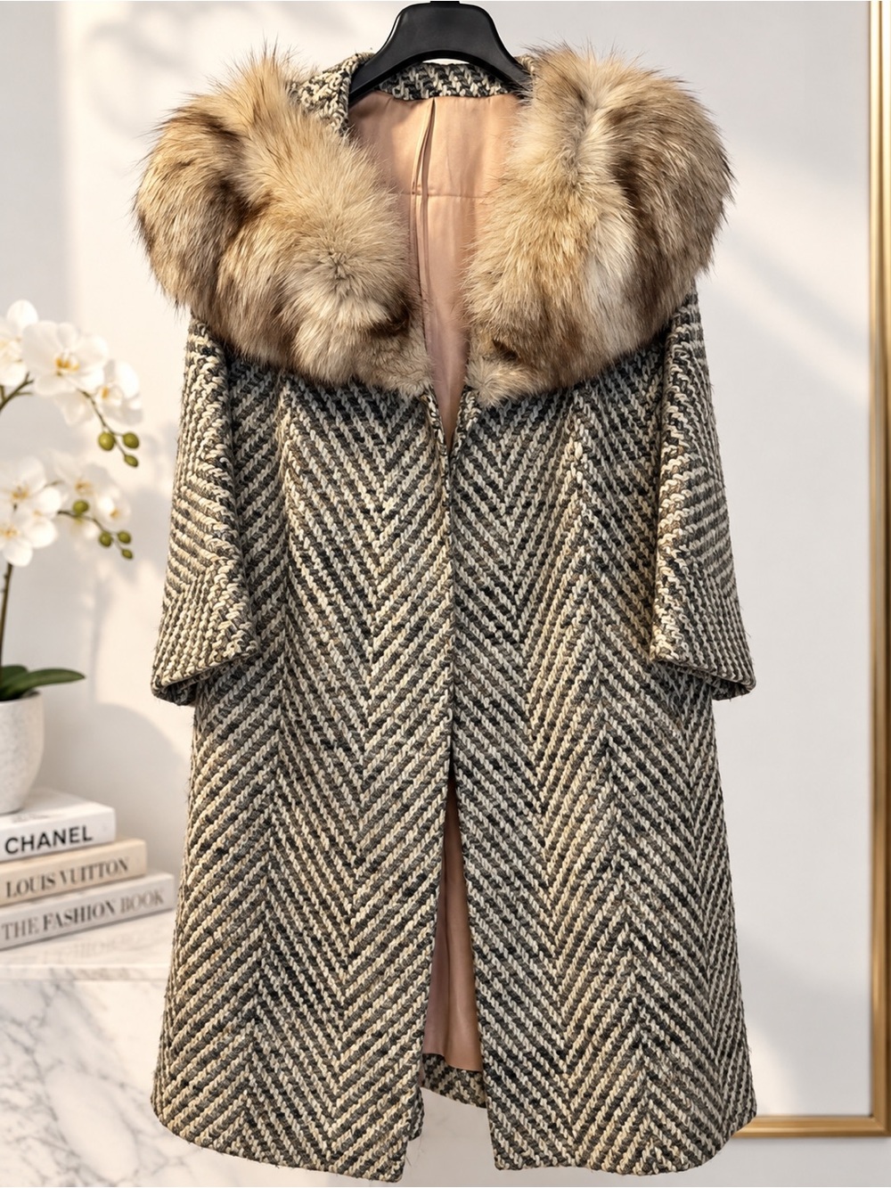 Herringbone Wool-Blend Cape Coat with Faux Fur Collar - Beige/Black